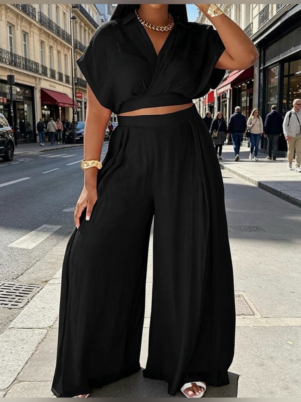 Wide-Leg Black Palazzo Pants Set for Women